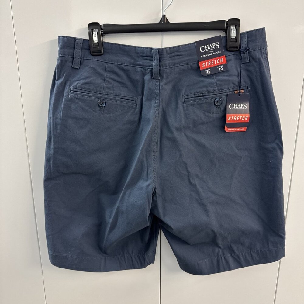NWT CHAPS Men's Flat Front Bermuda Shorts Stretch Classic Fit 4-Pocket Blue S12